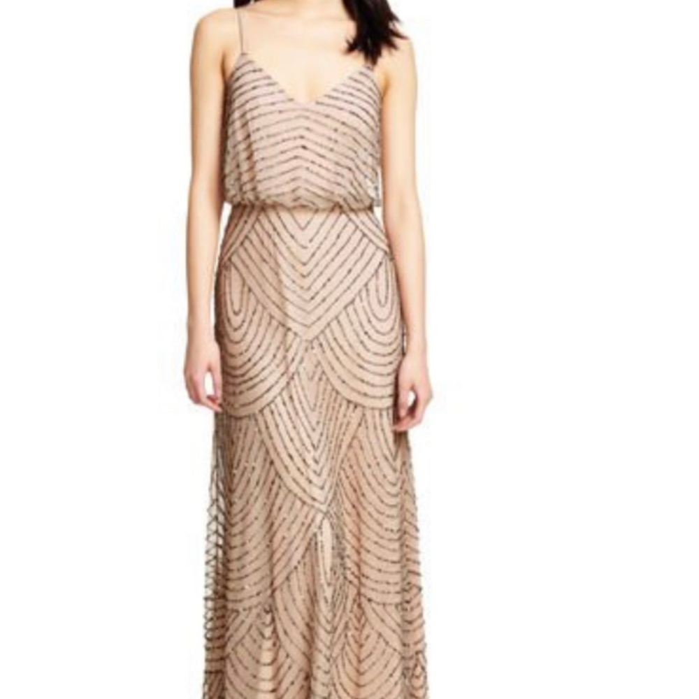 Adrianna Papell Art Deco Blouson Beaded Gown Taupe